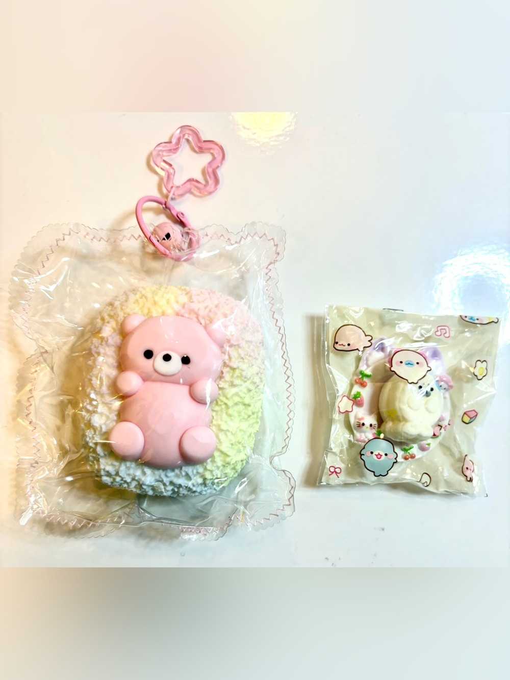 Handmade Taba Squishy-Large Pink Bear in Fluffy Bed + Mini Seal on Plate